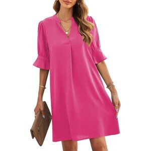 Womens Pink 100% Polyester V-Neck Loose Fit Short Sleeve Knee Length Shift Dress